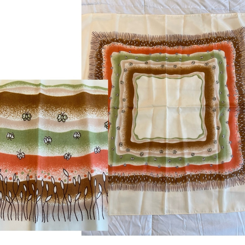 Vintage 70s Cream Green Brown Orange Scarf Butterfly Floral Line Art Hippie Boho